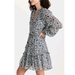 Veronica Beard Saville Boho-Floral Dress Ecru Blue Long Sleeve Silk Ruffle 8 New